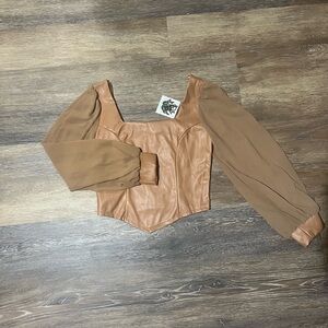 Brown Faux Leather Corset Top with Sheer Sleeves